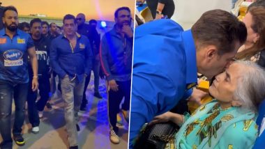 CCL 2024: Salman Khan Arrives To Support Mumbai Heroes, Actor Lovingly Kisses Mother Sushila Charak at the Venue (Watch Video)